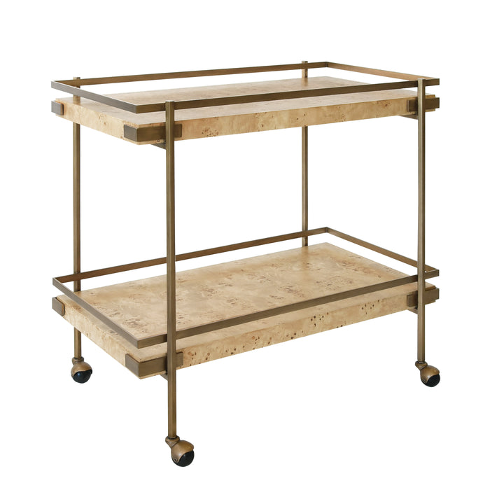 Antique Brass Bar Cart With Shelves In Burl Wood - CASH BW