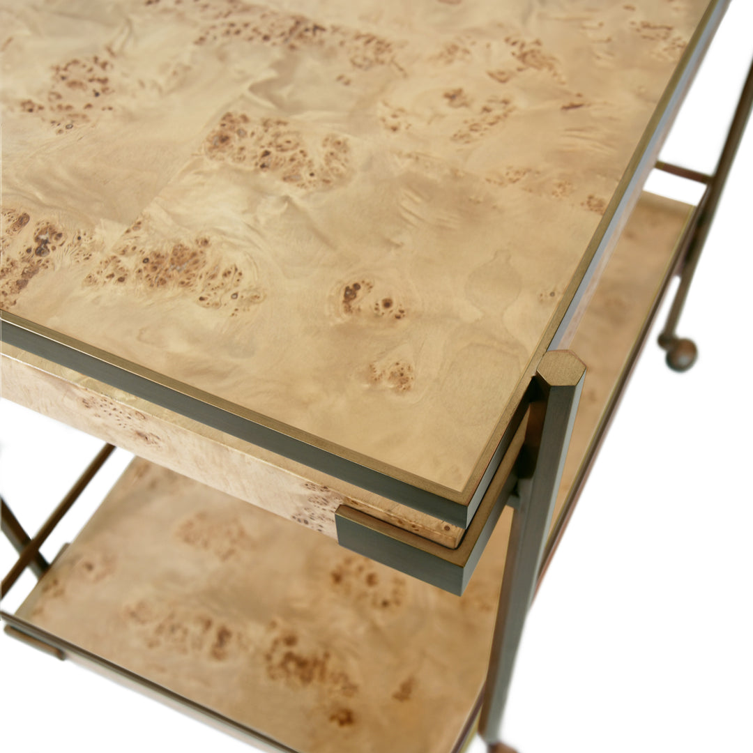 Antique Brass Bar Cart With Shelves In Burl Wood - CASH BW
