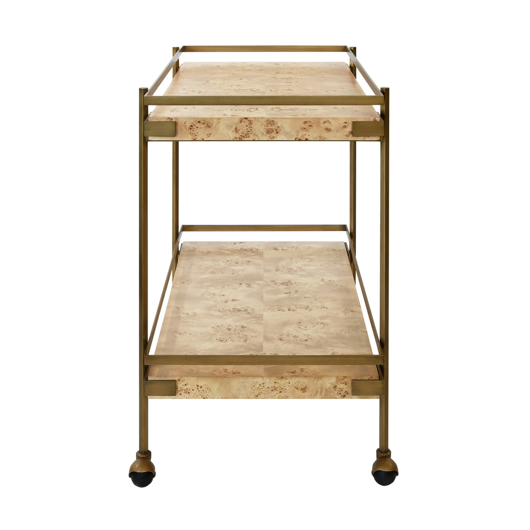 Antique Brass Bar Cart With Shelves In Burl Wood - CASH BW