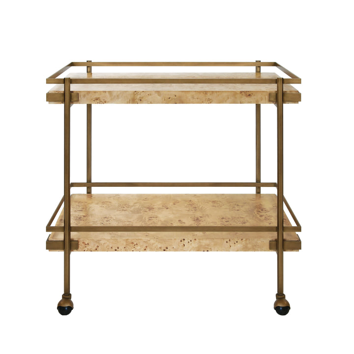 Antique Brass Bar Cart With Shelves In Burl Wood - CASH BW