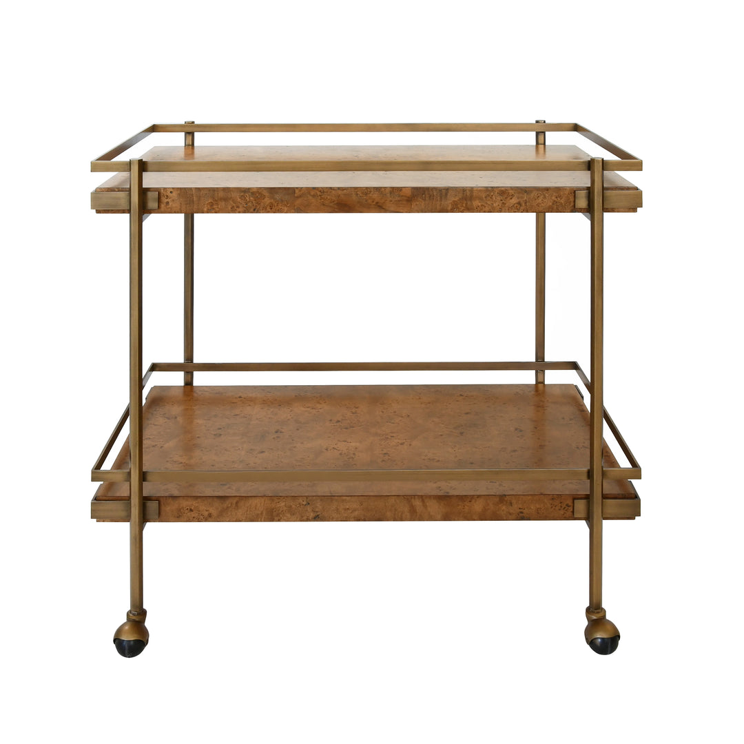 Antique Brass Bar Cart With Shelves In Dark Burl Wood - CASH DBW