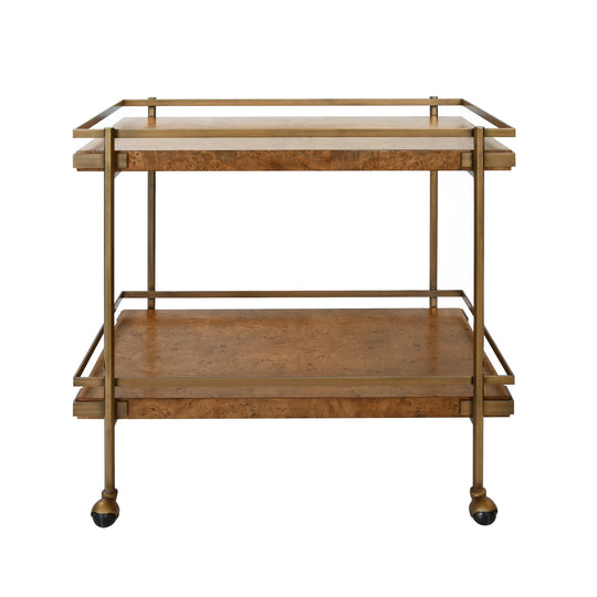 Antique Brass Bar Cart With Shelves In Dark Burl Wood - CASH DBW
