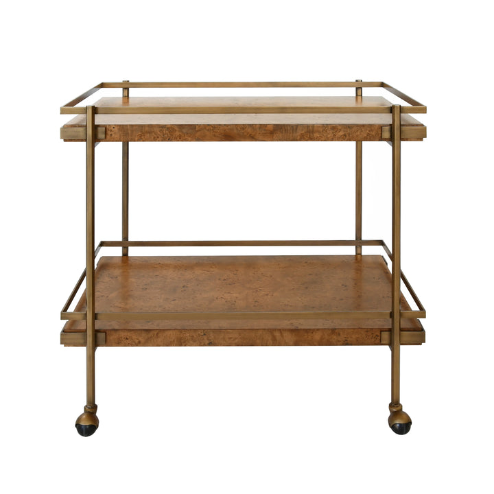 Antique Brass Bar Cart With Shelves In Dark Burl Wood - CASH DBW