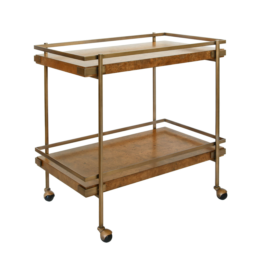 Antique Brass Bar Cart With Shelves In Dark Burl Wood - CASH DBW