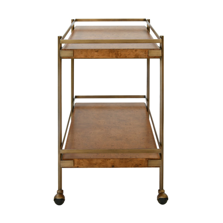 Antique Brass Bar Cart With Shelves In Dark Burl Wood - CASH DBW