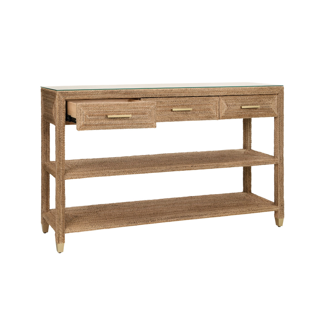 Three Drawer Console With Satin Brass Hardware And Foot Caps In Wrapped Rope - CASSIE