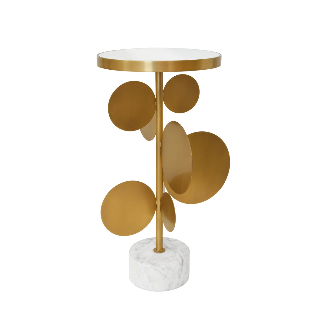 Round Brass Side Table Featuring Base With Array Of Antique Brass Discs, White Marble Base, And Inset Mirror - CASSIUS