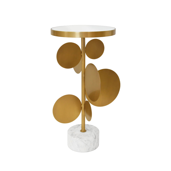 Round Brass Side Table Featuring Base With Array Of Antique Brass Discs, White Marble Base, And Inset Mirror - CASSIUS