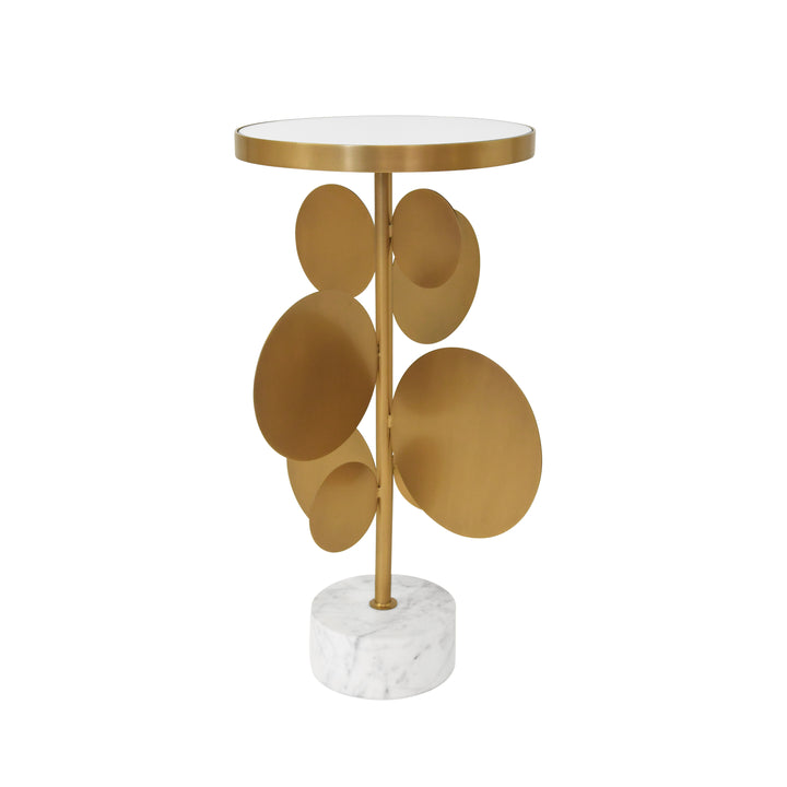 Round Brass Side Table Featuring Base With Array Of Antique Brass Discs, White Marble Base, And Inset Mirror - CASSIUS
