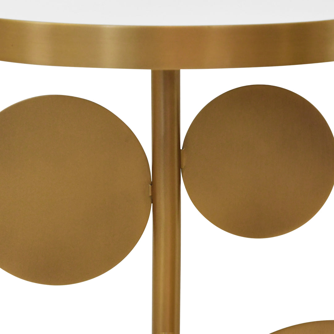 Round Brass Side Table Featuring Base With Array Of Antique Brass Discs, White Marble Base, And Inset Mirror - CASSIUS