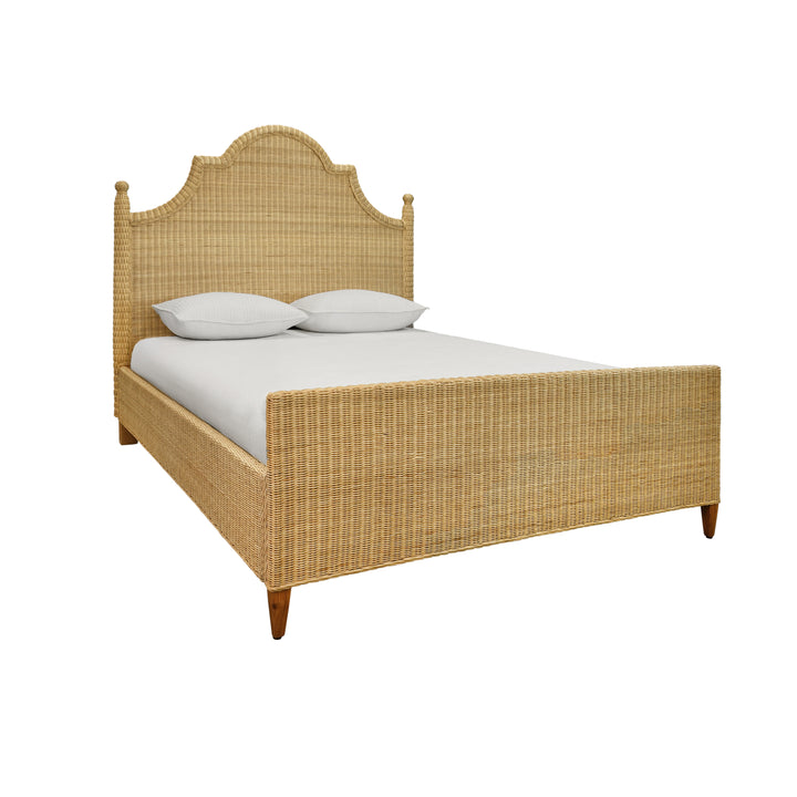 Bed Frame With Arched Headboard, Side Rails, And Footboard In Rattan With Wood Feet, Queen Size - CHAMBERLAIN QUEEN