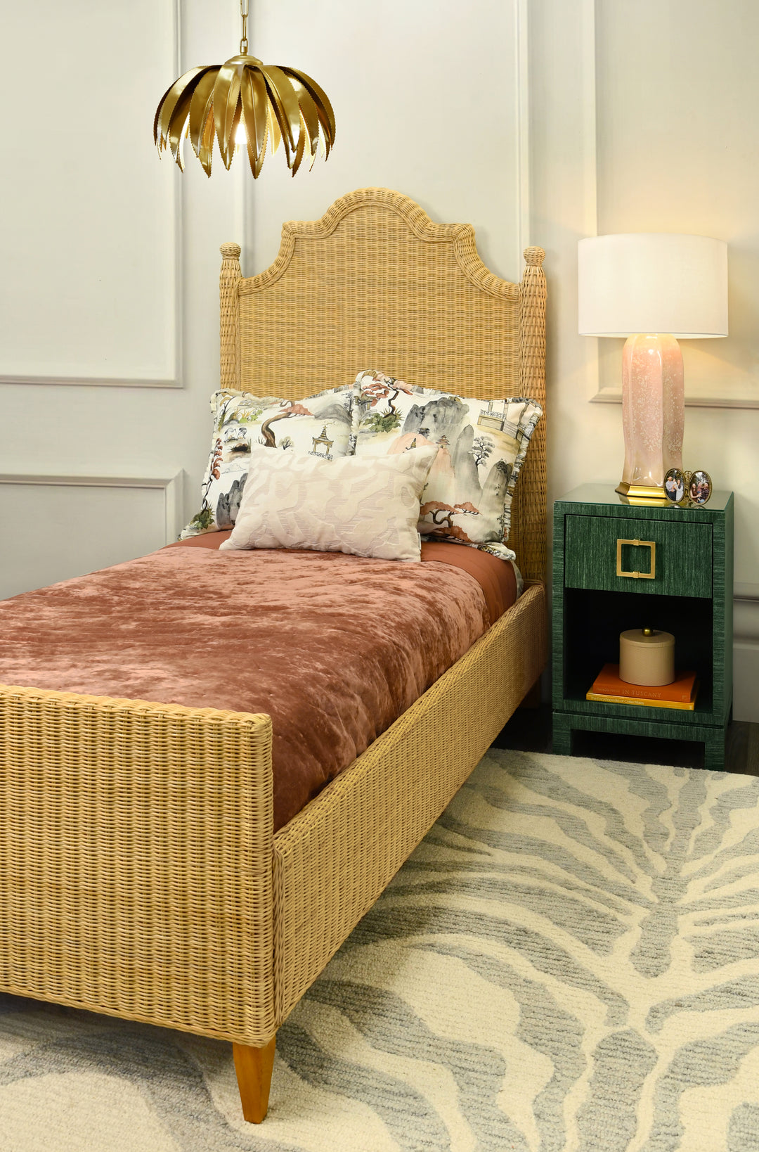 Bed Frame With Arched Headboard, Side Rails, And Footboard In Rattan With Wood Feet, Twin Size - CHAMBERLAIN TWIN
