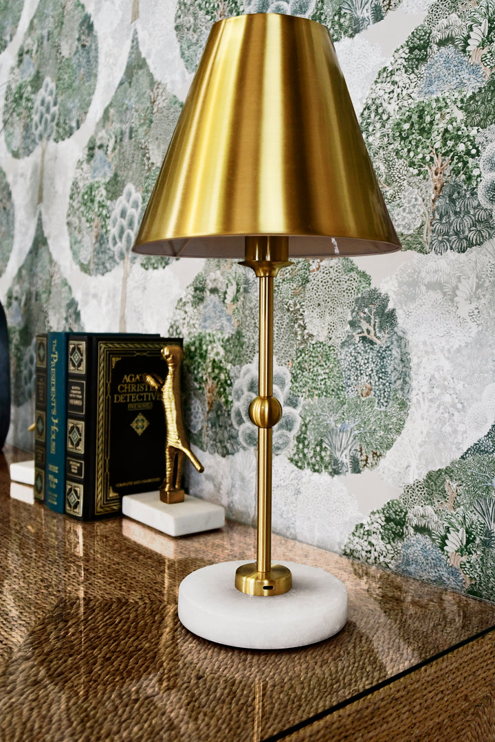 Rechargeable Table Lamp In Brass And Faux Alabaster Base With Metal Shade - CHANLER