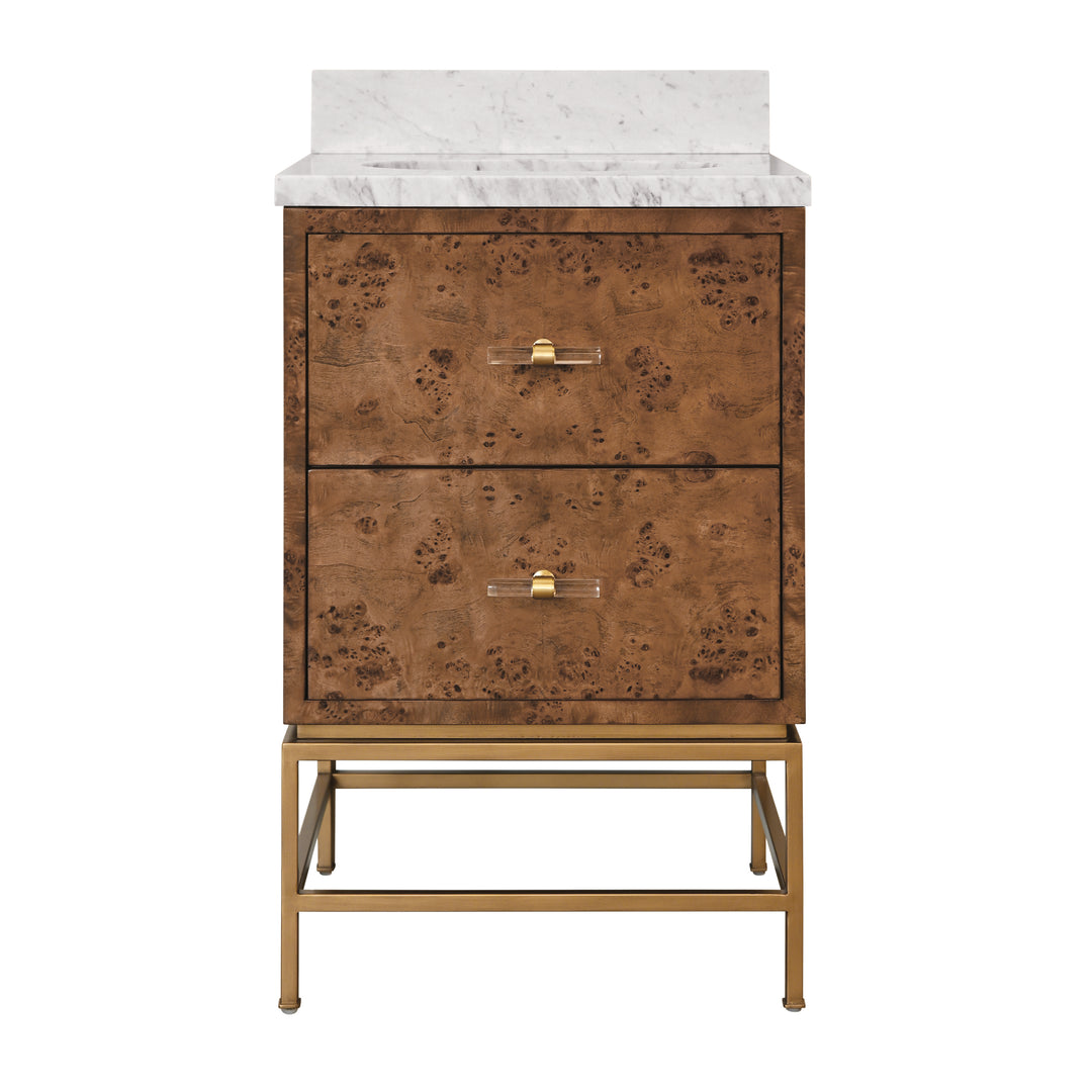 Two Drawer Bath Vanity In Matte Dark Burl Wood With Antique Brass Metal Frame And Acrylic And Brass Hardware - CLIFFORD 24 DBW