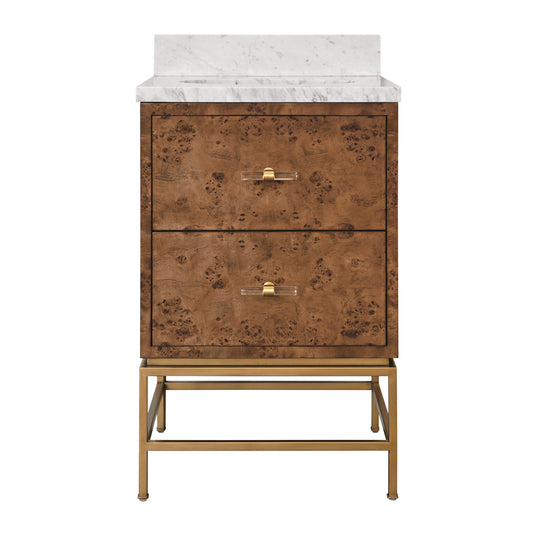 Two Drawer Bath Vanity In Matte Dark Burl Wood With Antique Brass Metal Frame And Acrylic And Brass Hardware - CLIFFORD 24 DBW