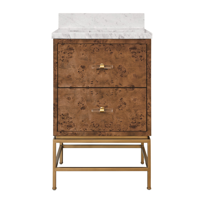 Two Drawer Bath Vanity In Matte Dark Burl Wood With Antique Brass Metal Frame And Acrylic And Brass Hardware - CLIFFORD 24 DBW