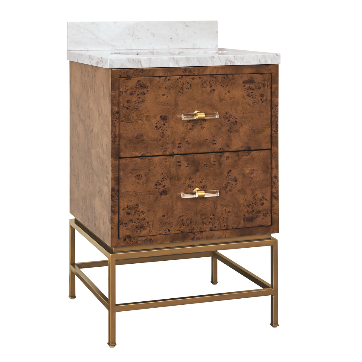 Two Drawer Bath Vanity In Matte Dark Burl Wood With Antique Brass Metal Frame And Acrylic And Brass Hardware - CLIFFORD 24 DBW