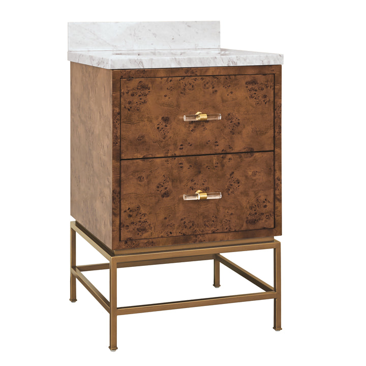 Two Drawer Bath Vanity In Matte Dark Burl Wood With Antique Brass Metal Frame And Acrylic And Brass Hardware - CLIFFORD 24 DBW
