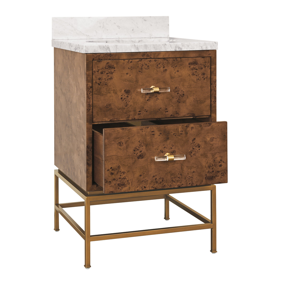 Two Drawer Bath Vanity In Matte Dark Burl Wood With Antique Brass Metal Frame And Acrylic And Brass Hardware - CLIFFORD 24 DBW
