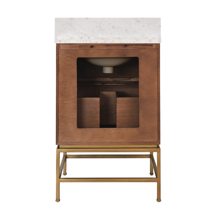 Two Drawer Bath Vanity In Matte Dark Burl Wood With Antique Brass Metal Frame And Acrylic And Brass Hardware - CLIFFORD 24 DBW