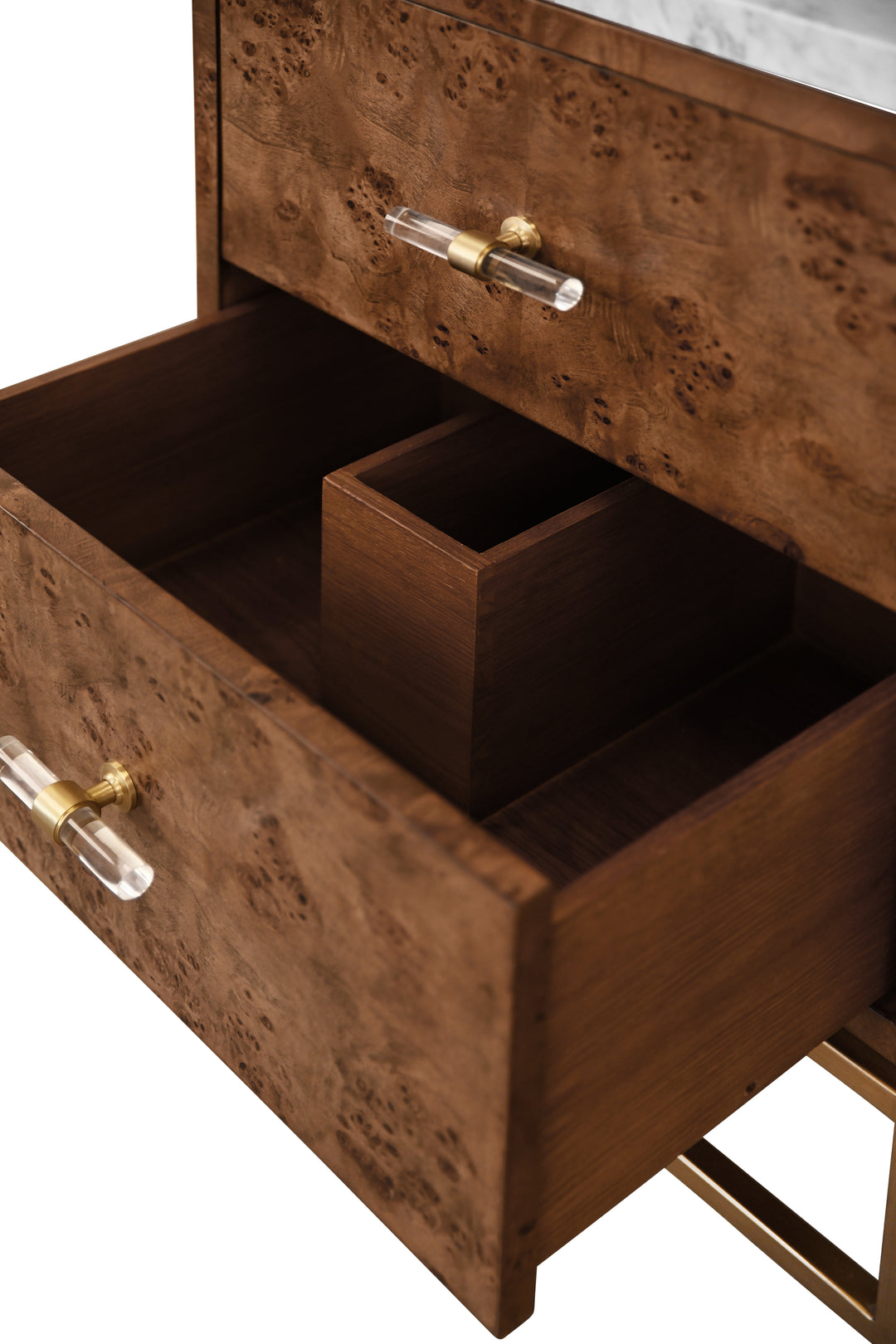 Two Drawer Bath Vanity In Matte Dark Burl Wood With Antique Brass Metal Frame And Acrylic And Brass Hardware - CLIFFORD 24 DBW