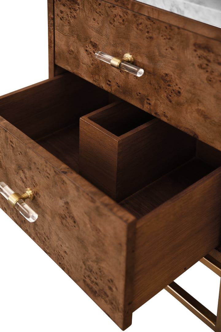 Two Drawer Bath Vanity In Matte Dark Burl Wood With Antique Brass Metal Frame And Acrylic And Brass Hardware - CLIFFORD 24 DBW
