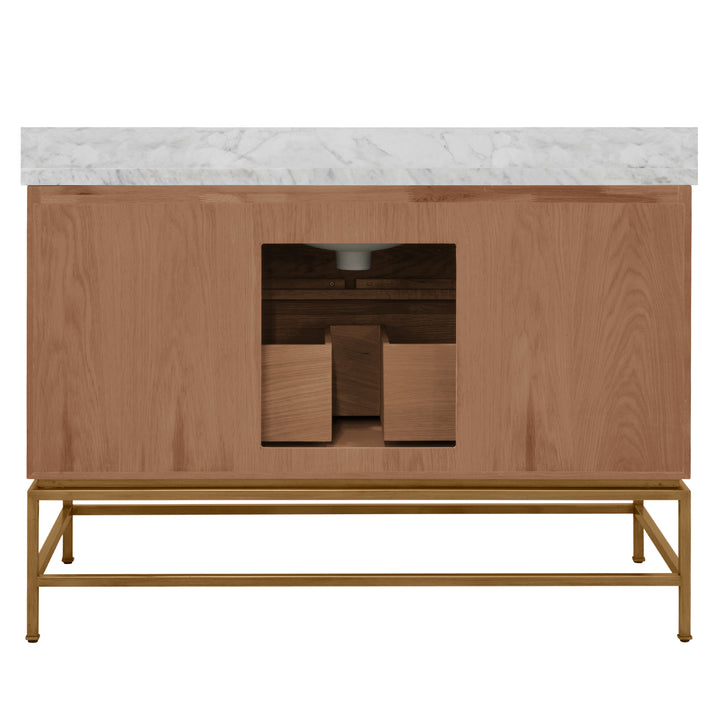 Bath Vanity In Matte Dark Burl Wood And Antique Brass With White Marble Top And Porcelain Sink, 48" Wide - CLIFFORD 48 DBW