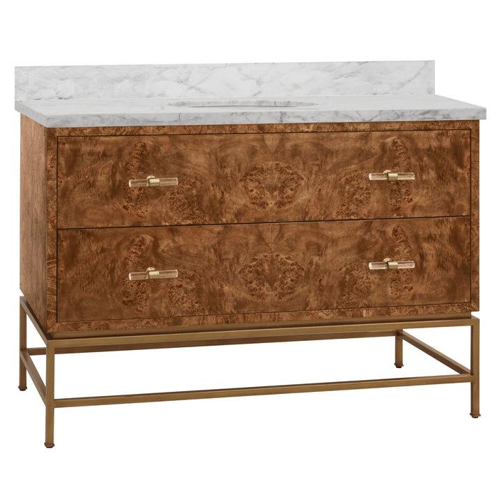 Bath Vanity In Matte Dark Burl Wood And Antique Brass With White Marble Top And Porcelain Sink, 48" Wide - CLIFFORD 48 DBW