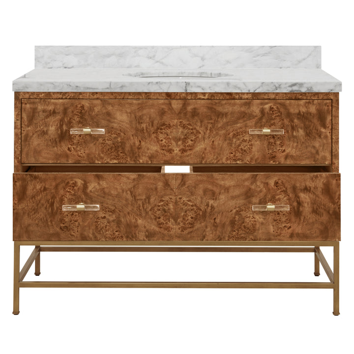 Bath Vanity In Matte Dark Burl Wood And Antique Brass With White Marble Top And Porcelain Sink, 48" Wide - CLIFFORD 48 DBW