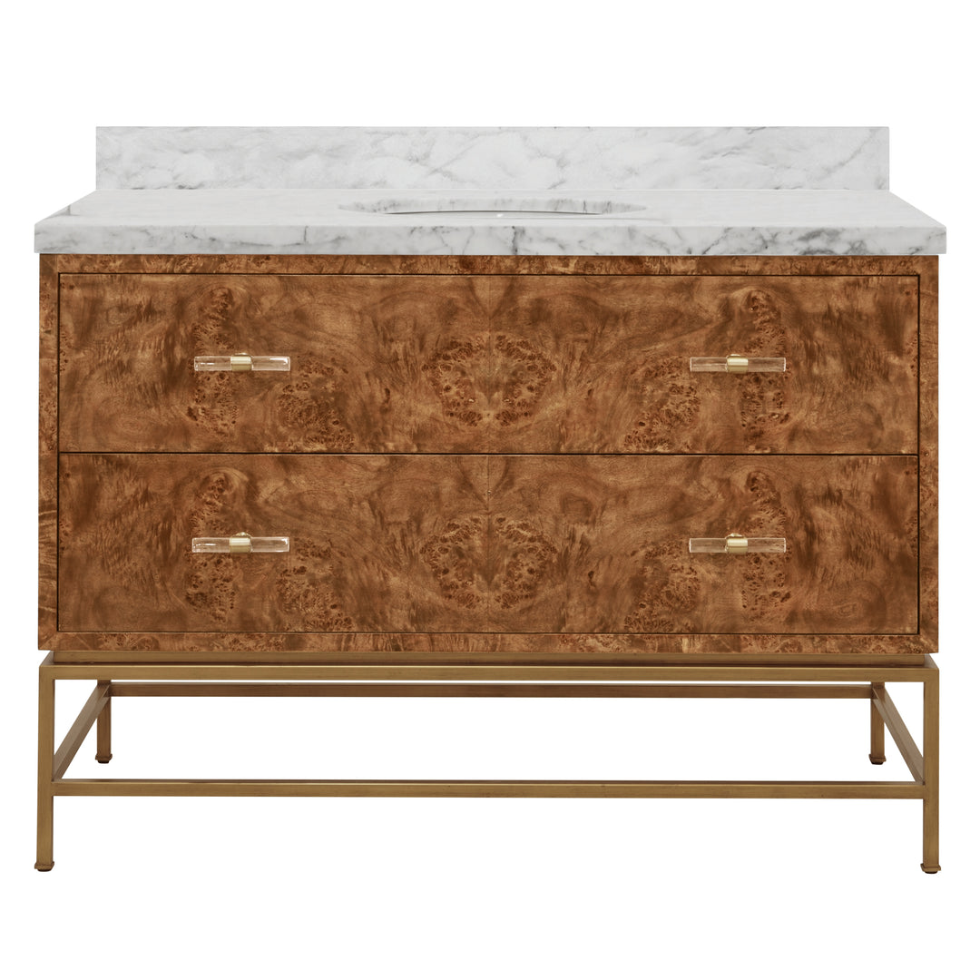 Bath Vanity In Matte Dark Burl Wood And Antique Brass With White Marble Top And Porcelain Sink, 48" Wide - CLIFFORD 48 DBW