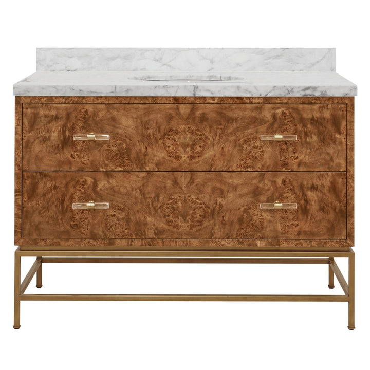 Bath Vanity In Matte Dark Burl Wood And Antique Brass With White Marble Top And Porcelain Sink, 48" Wide - CLIFFORD 48 DBW