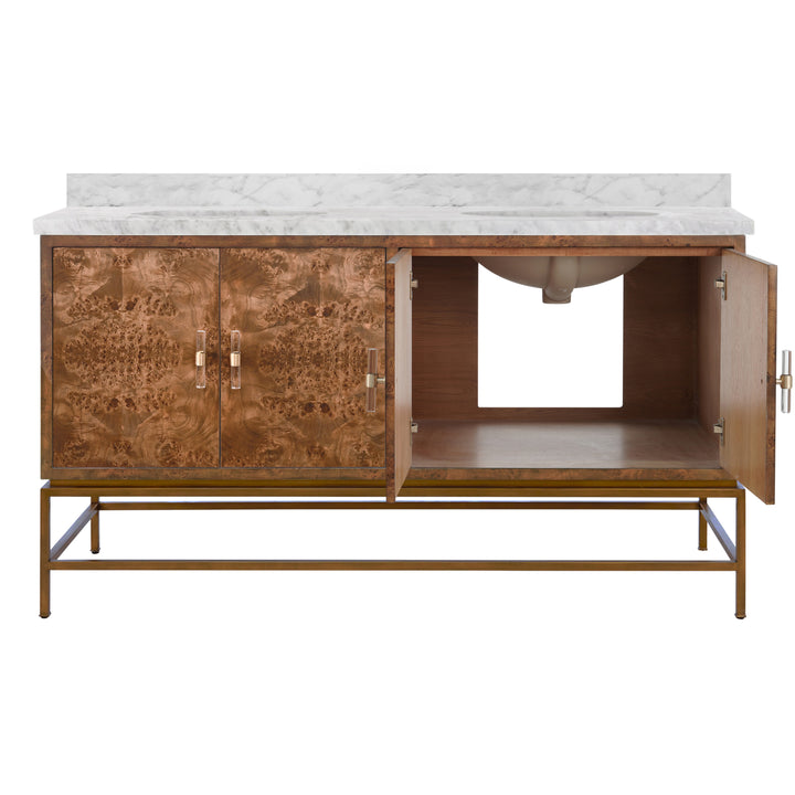 Bath Vanity In Matte Dark Burl Wood And Antique Brass With White Marble Top And Double Porcelain Sinks, 60" Wide - CLIFFORD 60 DBW