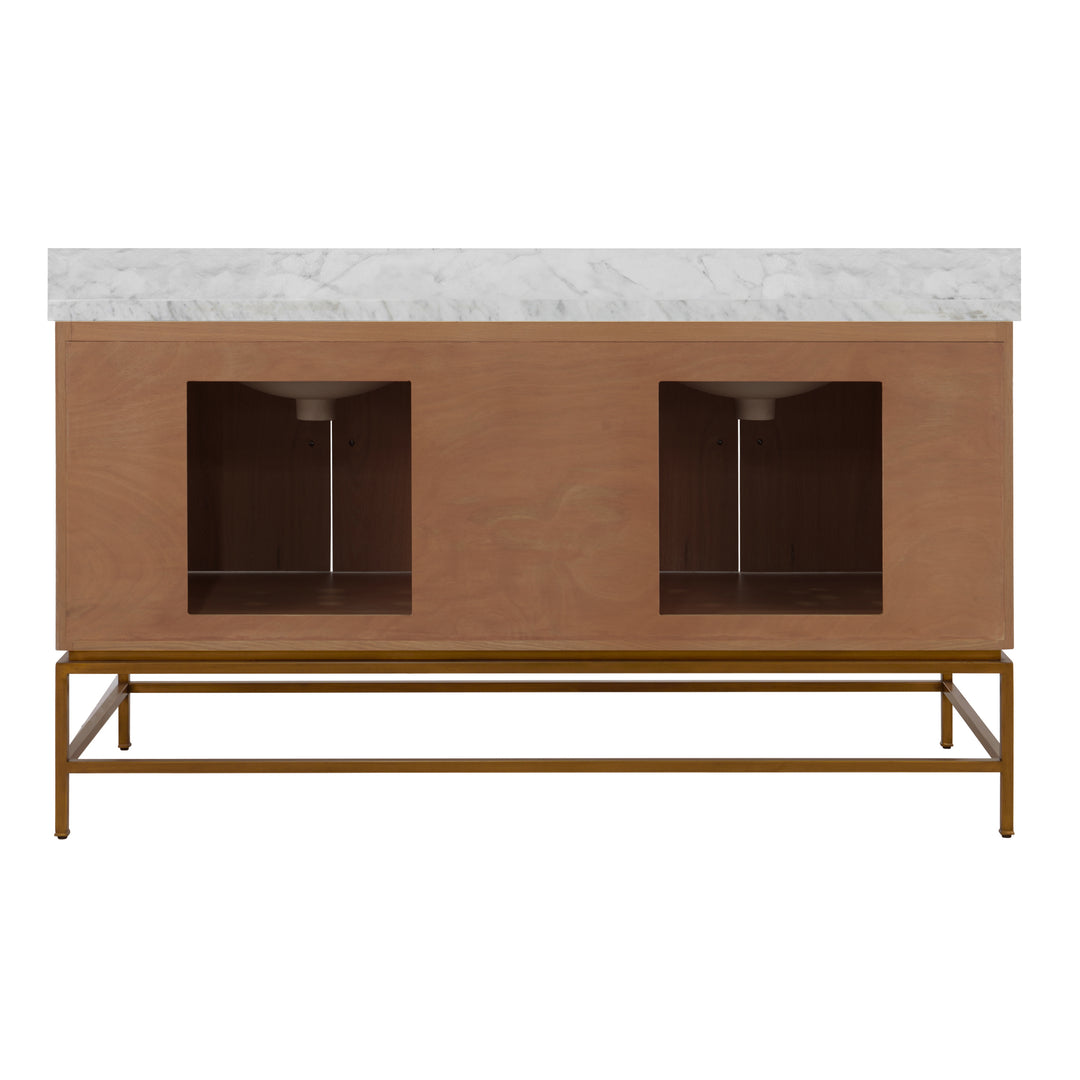Bath Vanity In Matte Dark Burl Wood And Antique Brass With White Marble Top And Double Porcelain Sinks, 60" Wide - CLIFFORD 60 DBW