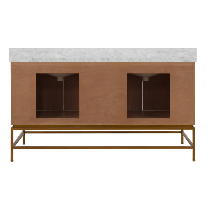 Bath Vanity In Matte Dark Burl Wood And Antique Brass With White Marble Top And Double Porcelain Sinks, 60" Wide - CLIFFORD 60 DBW
