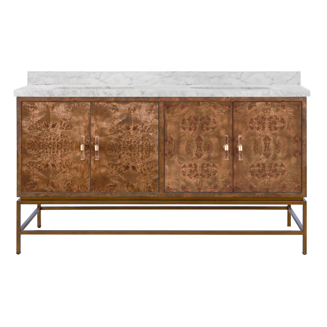 Bath Vanity In Matte Dark Burl Wood And Antique Brass With White Marble Top And Double Porcelain Sinks, 60" Wide - CLIFFORD 60 DBW