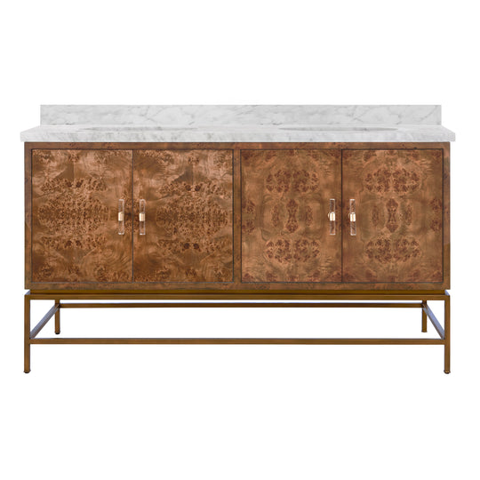 Bath Vanity In Matte Dark Burl Wood And Antique Brass With White Marble Top And Double Porcelain Sinks, 60" Wide - CLIFFORD 60 DBW
