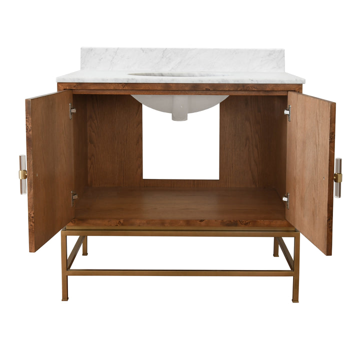Bath Vanity In Matte Dark Burl Wood And Antique Brass With White Marble Top And Porcelain Sink - CLIFFORD DBW