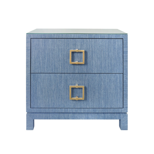 Two Drawer Side Table With Large Satin Brass Square Hardware In Blue Dyed Grasscloth With Glass Top - COLE BL