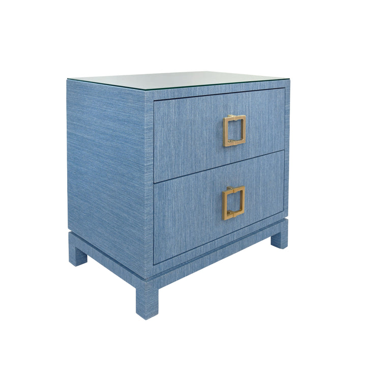 Two Drawer Side Table With Large Satin Brass Square Hardware In Blue Dyed Grasscloth With Glass Top - COLE BL