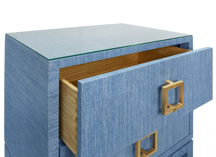Two Drawer Side Table With Large Satin Brass Square Hardware In Blue Dyed Grasscloth With Glass Top - COLE BL