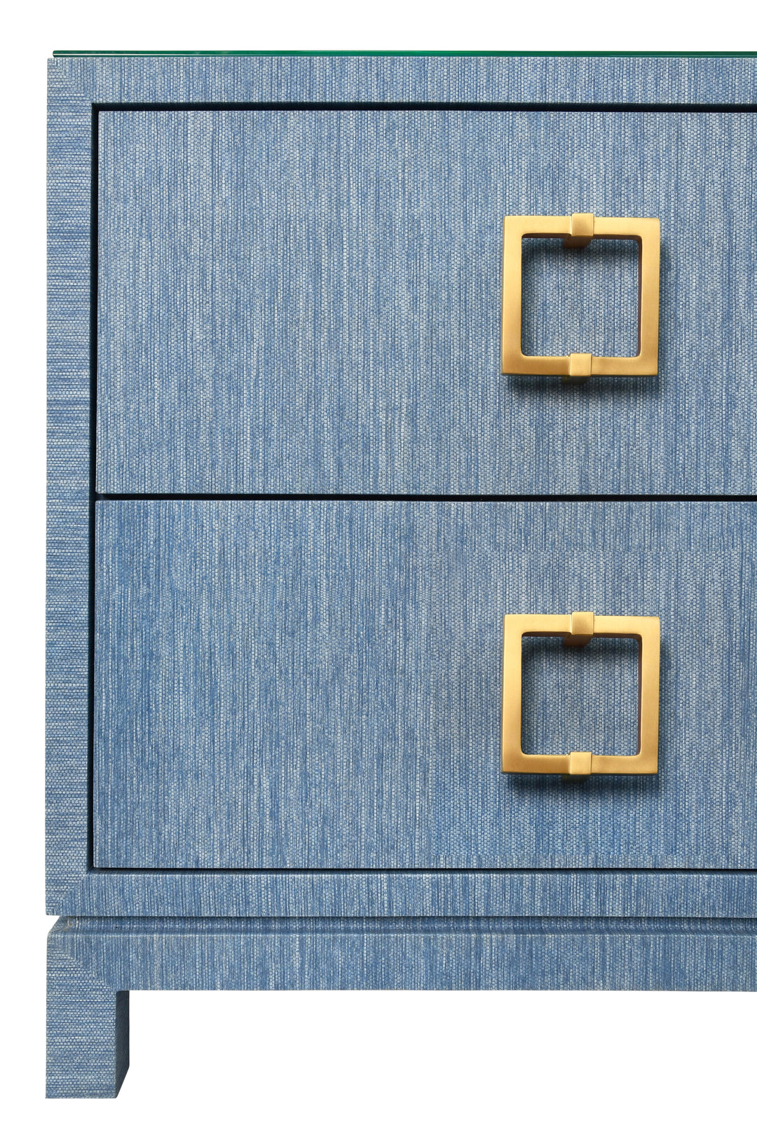 Two Drawer Side Table With Large Satin Brass Square Hardware In Blue Dyed Grasscloth With Glass Top - COLE BL
