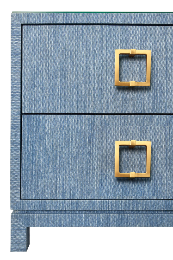 Two Drawer Side Table With Large Satin Brass Square Hardware In Blue Dyed Grasscloth With Glass Top - COLE BL