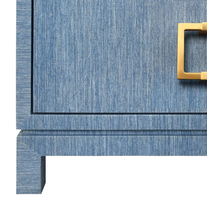Two Drawer Side Table With Large Satin Brass Square Hardware In Blue Dyed Grasscloth With Glass Top - COLE BL