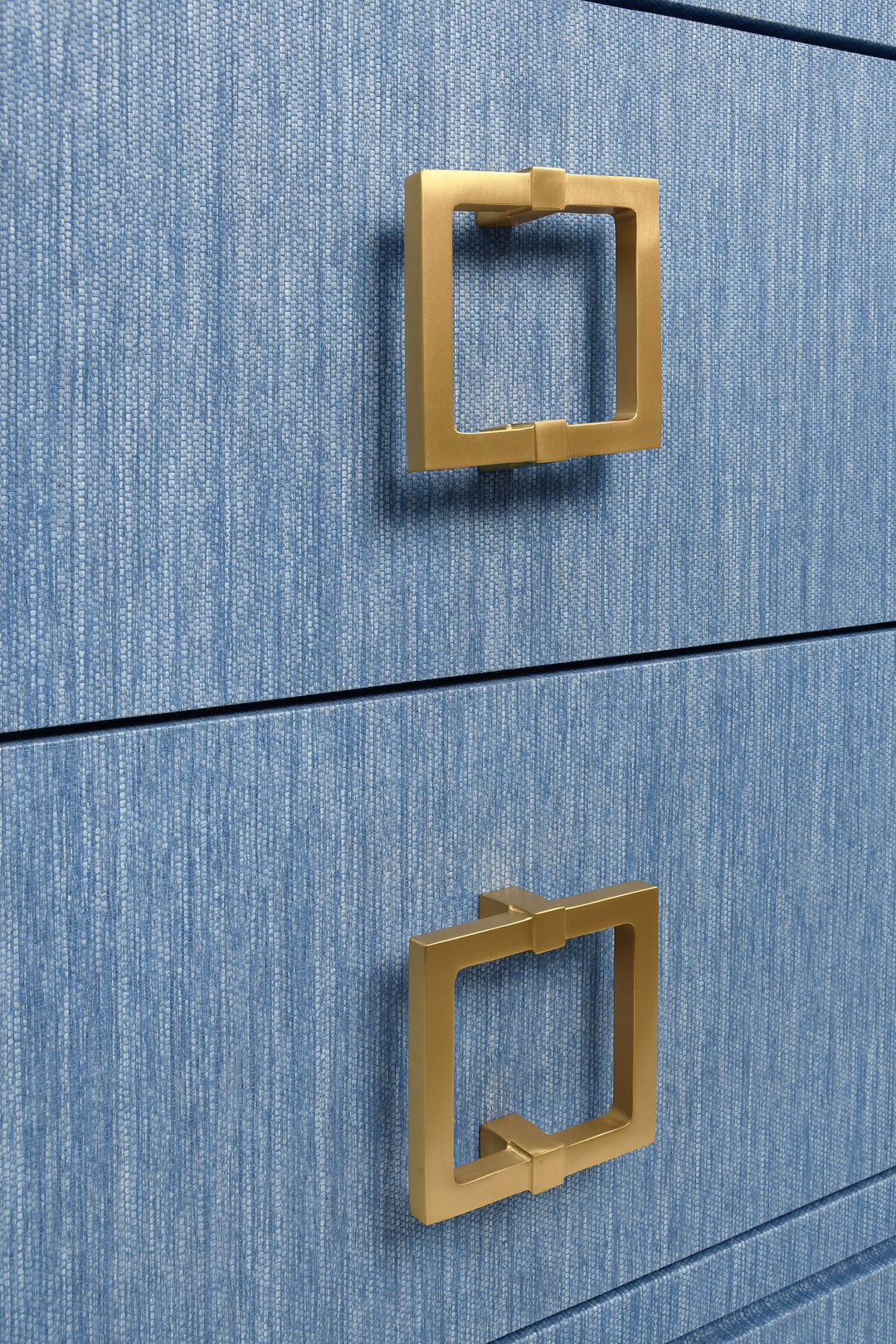 Two Drawer Side Table With Large Satin Brass Square Hardware In Blue Dyed Grasscloth With Glass Top - COLE BL