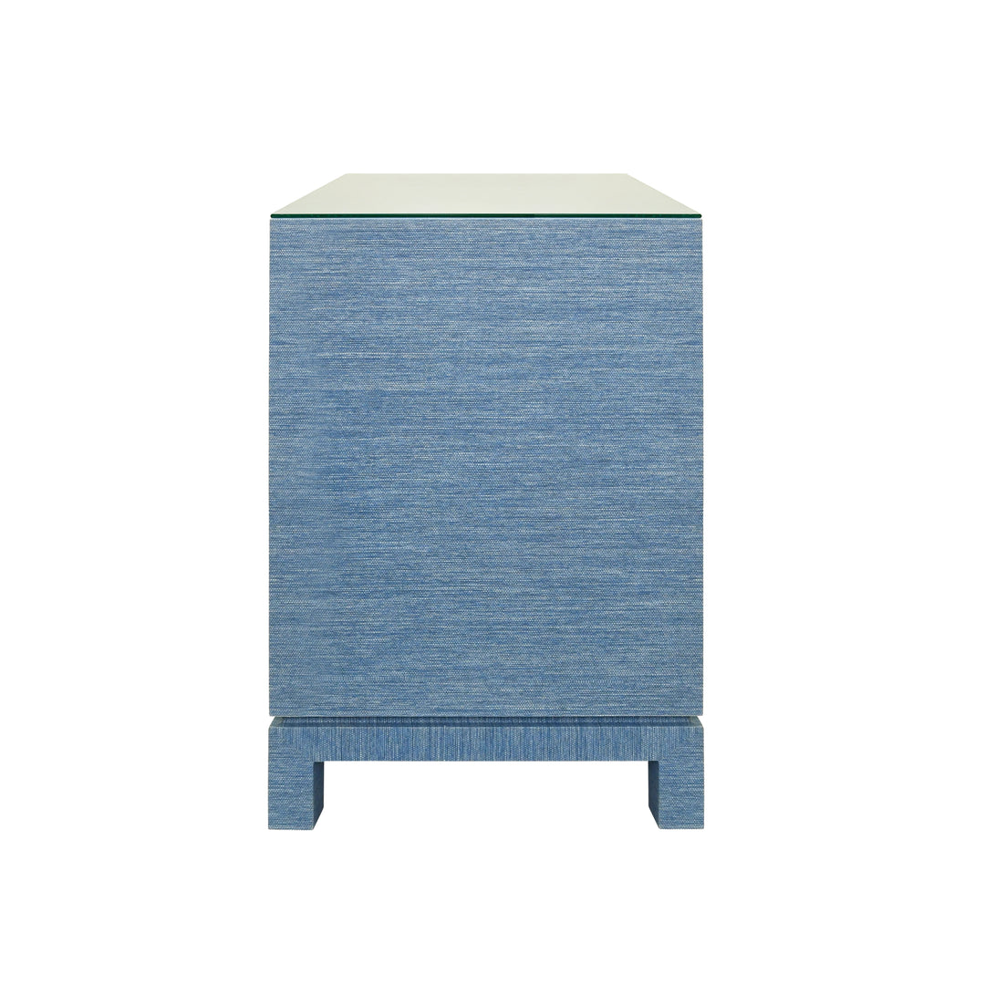 Two Drawer Side Table With Large Satin Brass Square Hardware In Blue Dyed Grasscloth With Glass Top - COLE BL