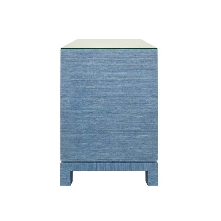 Two Drawer Side Table With Large Satin Brass Square Hardware In Blue Dyed Grasscloth With Glass Top - COLE BL