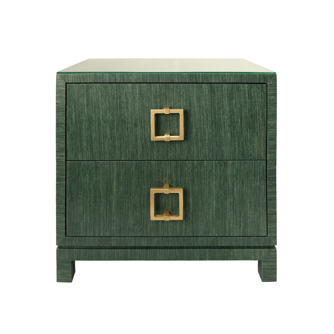 Two Drawer Side Table With Large Satin Brass Square Hardware In Green Dyed Grasscloth With Glass Top - COLE GR