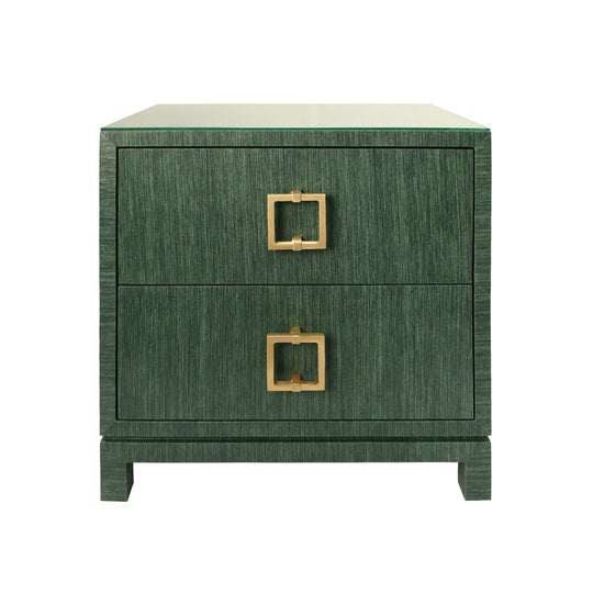 Two Drawer Side Table With Large Satin Brass Square Hardware In Green Dyed Grasscloth With Glass Top - COLE GR
