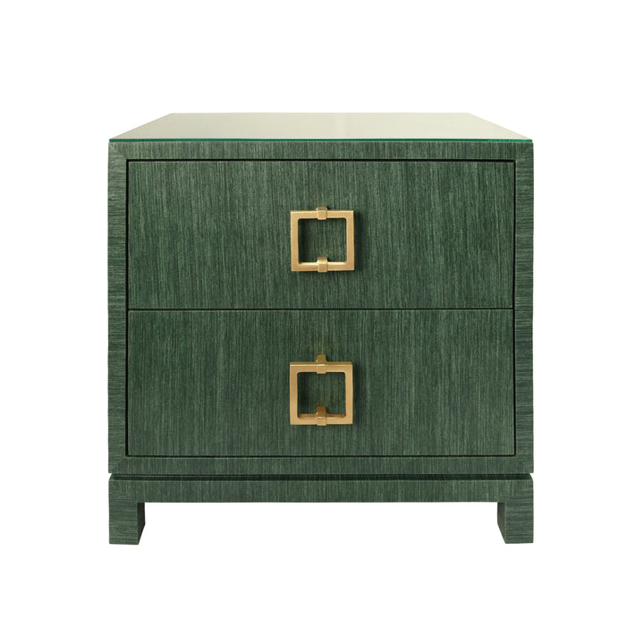 Two Drawer Side Table With Large Satin Brass Square Hardware In Green Dyed Grasscloth With Glass Top - COLE GR
