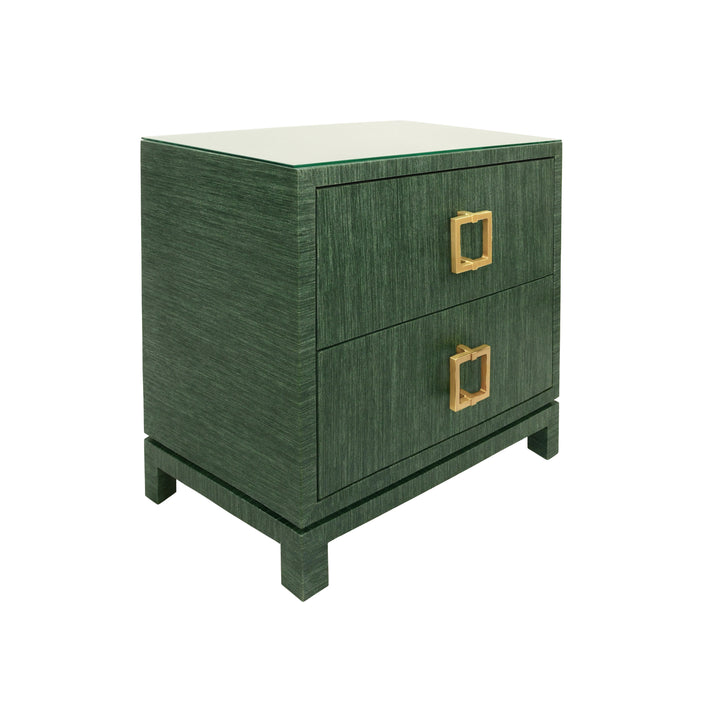 Two Drawer Side Table With Large Satin Brass Square Hardware In Green Dyed Grasscloth With Glass Top - COLE GR